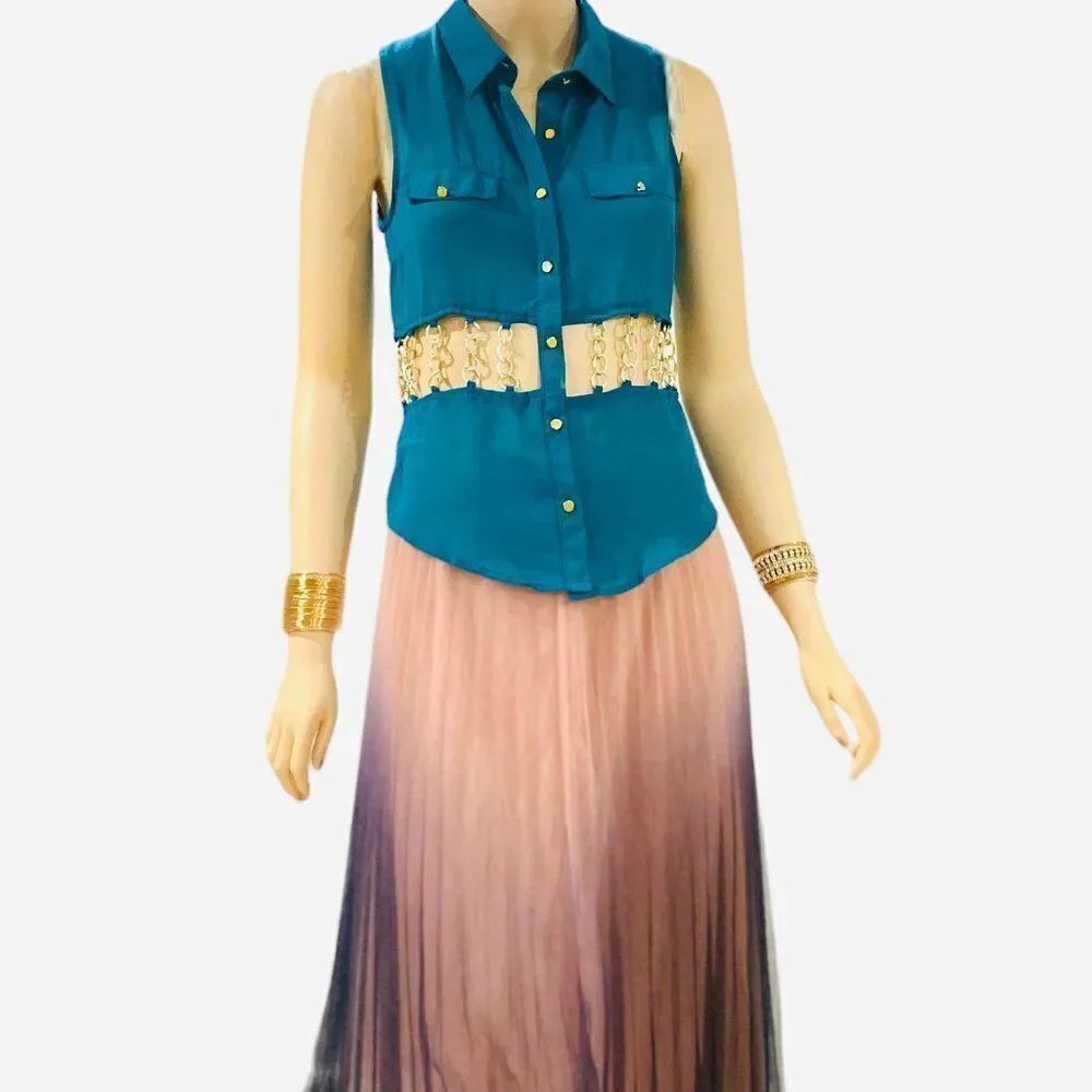 Teal Gold Chain Hardware Sheer Button Up Blouse NWT